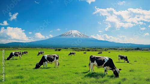 Green grassland with black and white cows grazing photo