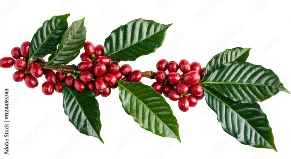Vibrant Red Coffee Beans with Glossy Green Leaves Isolated on White Background, Perfect for Culinary and Agricultural Illustrations or Beverage Promotions Vibrant Red Coffee Beans with Glossy Green Leaves Isolated on White Background, Perfect for Culinary and Agricultural Illustrations or Beverage Promotions