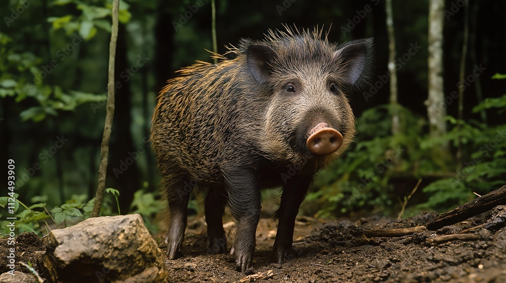Wild boar standing in the forest, closeup shot Wild boar standing in the forest, closeup shot