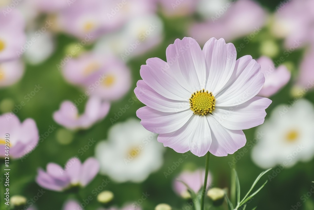 Bee collect pollen from pink flower (Cosmos bipinnatus). Close-up. Side view. Beautiful simple AI generated image