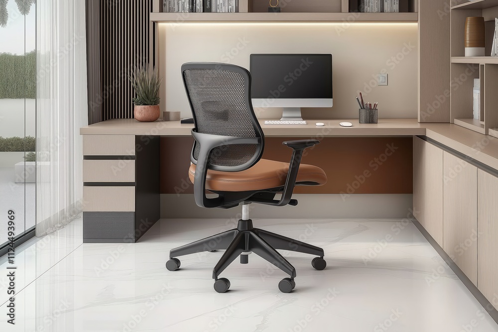 Brown leather office chair in an office cabin Brown leather office chair in an office cabin