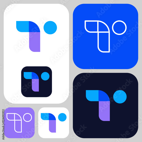 Simple geometric T letter logo with overlapping blue colors. Modern and sophisticated startup technology logo. Perfect for artificial intelligence companies.