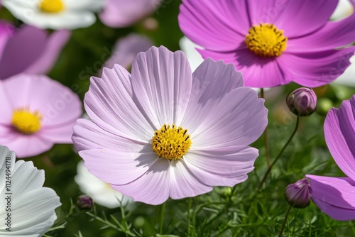 Bee collect pollen from pink flower (Cosmos bipinnatus). Close-up. Side view. Beautiful simple AI generated image