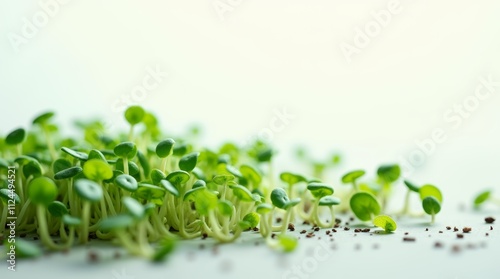Young green seedlings sprouting from soil on a white background, symbolizing new growth, copy space