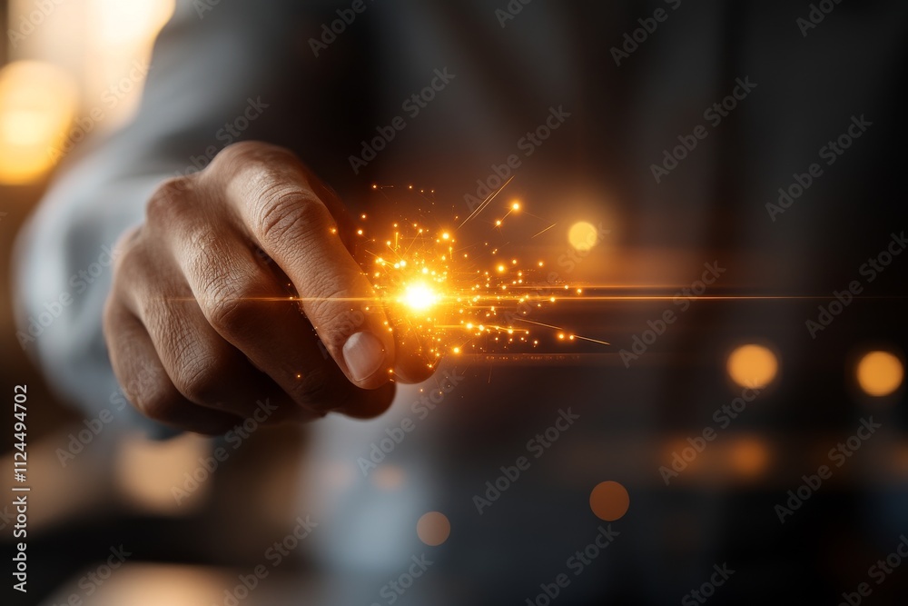 Magical moment captured with a hand generating sparkling light in a creative setting Magical moment captured with a hand generating sparkling light in a creative setting