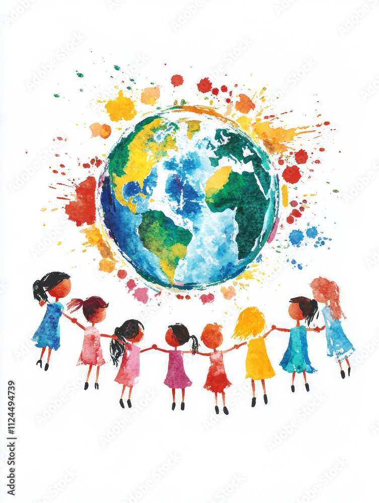 Fototapeta premium A watercolor painting of Earth with children in a circle, representing global peace, love, and environmental awareness, ideal for educational and social campaigns..