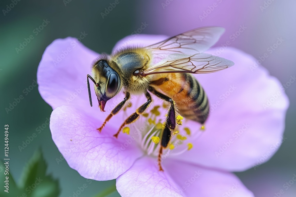 Bee collect pollen from pink flower (Cosmos bipinnatus). Close-up. Side view. Beautiful simple AI generated image Bee collect pollen from pink flower (Cosmos bipinnatus). Close-up. Side view. Beautiful simple AI generated image