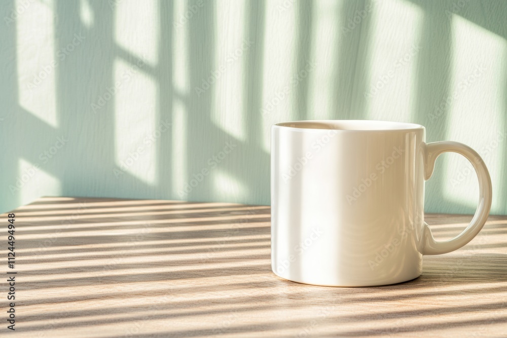 White mug casting window shadows on wooden table in cozy room White mug casting window shadows on wooden table in cozy room