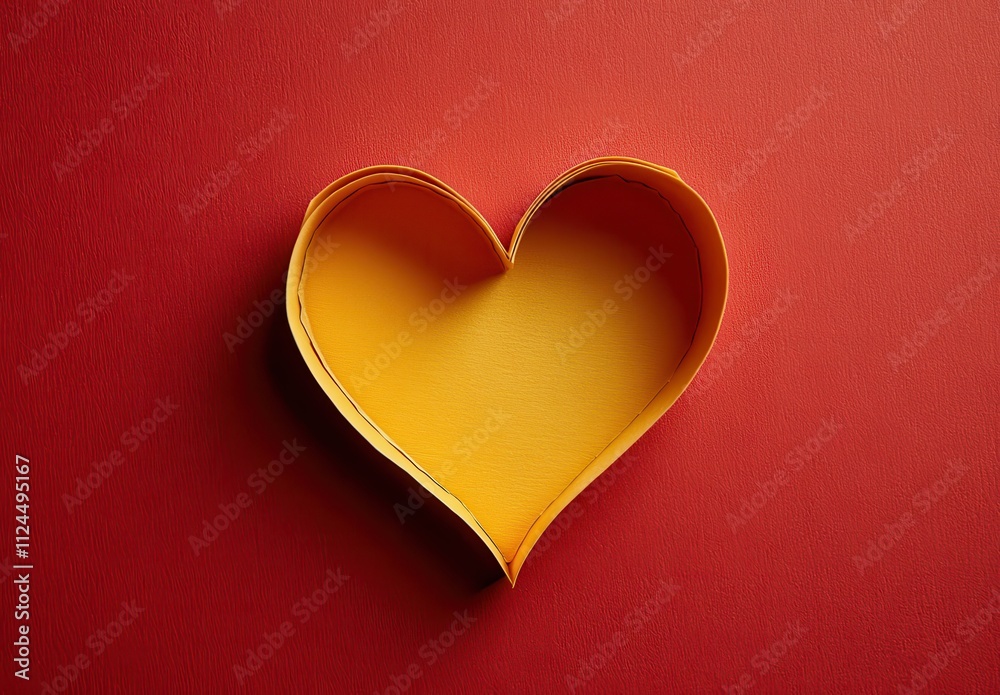 Vibrant Yellow Paper Heart Shaped Cutout on a Bold Red Background for Romantic and Creative Concept Imagery in Art and Design Projects Vibrant Yellow Paper Heart Shaped Cutout on a Bold Red Background for Romantic and Creative Concept Imagery in Art and Design Projects