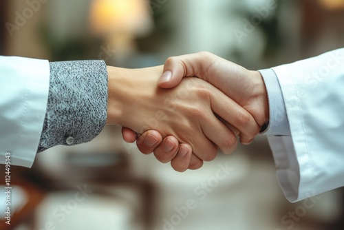 Senior woman greets doctor with handshake in warm medical clinic waiting room