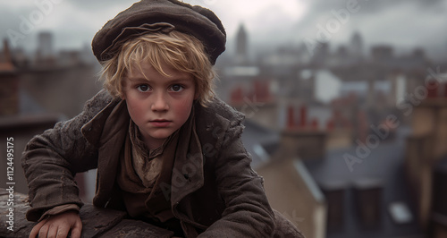 Oliver Twist a fictional character from the 1838 victorian novel Oliver Twist by English novelist Charles Dickens or  street urchin ragamuffin from Victorian London photo