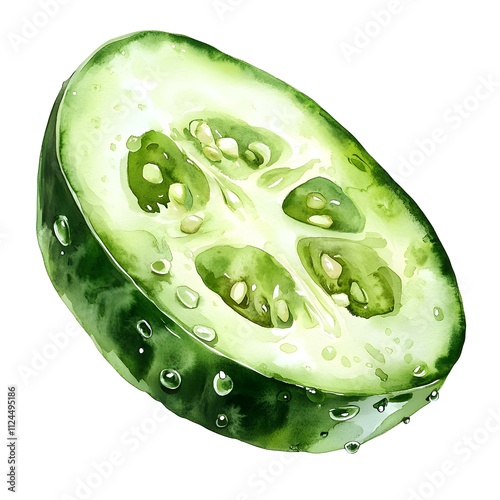 Refreshing Cucumber Slice: A vibrant watercolor painting of a juicy cucumber slice, glistening with water droplets.  Perfect for adding a touch of freshness to your designs. 