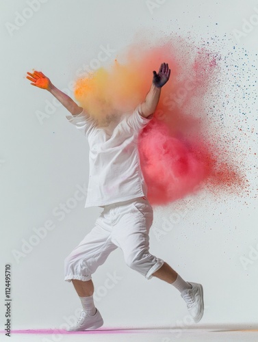 Colorful Powder Explosion Dance - A dancer leaps, enveloped in a vibrant explosion of orange, pink, and yellow powder. Symbolizing energy, freedom, expression, movement, and creativity. photo