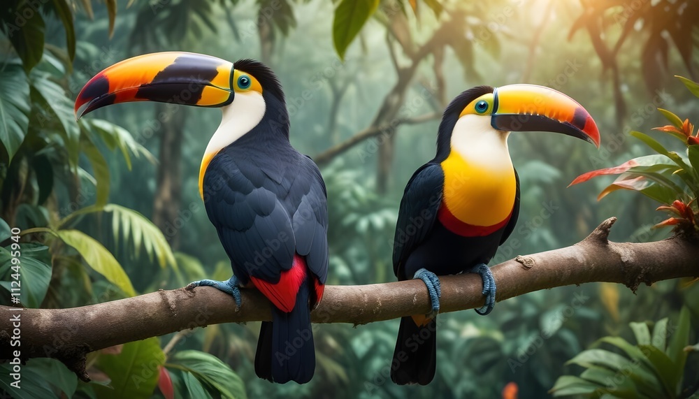 Fototapeta premium Two colorful toucans perched on a branch in a lush, tropical environment