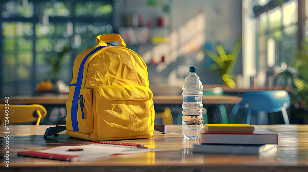 Obraz premium Back to School: Yellow Backpack on Desk 