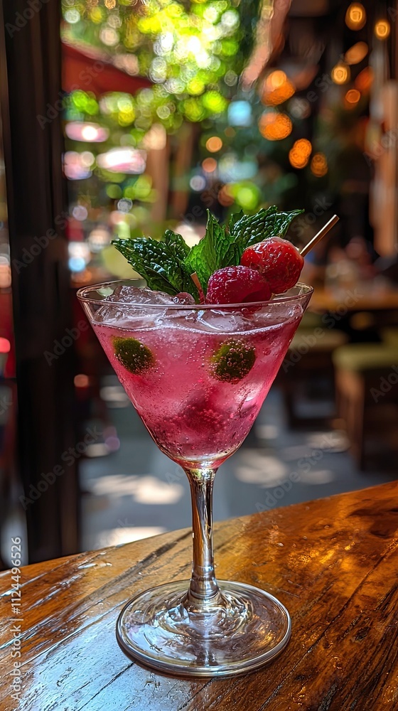 Refreshing cocktail with raspberries and mint in a vibrant outdoor setting during a sunny afternoon Refreshing cocktail with raspberries and mint in a vibrant outdoor setting during a sunny afternoon
