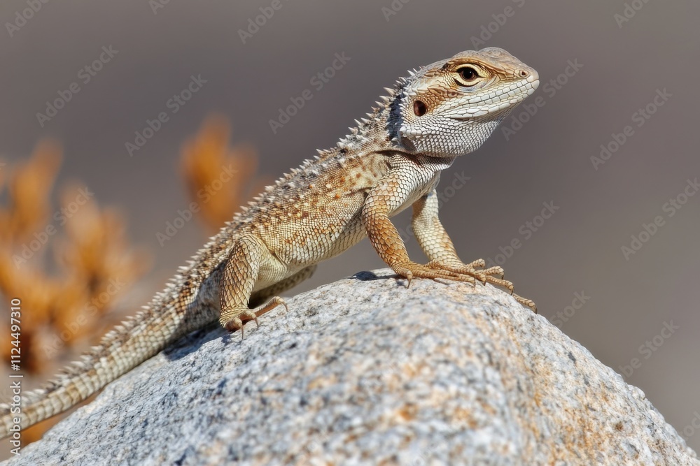 A vibrant desert lizard is perched confidently on a sunlit rock, soaking up the warm rays in a dry landscape. Its intricate scales shine while surrounded by a serene backdrop of arid terrain A vibrant desert lizard is perched confidently on a sunlit rock, soaking up the warm rays in a dry landscape. Its intricate scales shine while surrounded by a serene backdrop of arid terrain