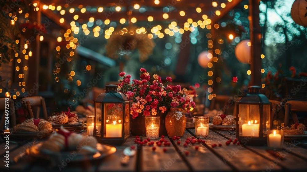 Romantic outdoor dinner party at night with candles, flowers, and warm lighting. Romantic outdoor dinner party at night with candles, flowers, and warm lighting.