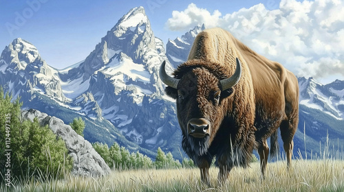 Bison in front of Grand Teton Mountain range with grass in foreground, wildlife photography photo