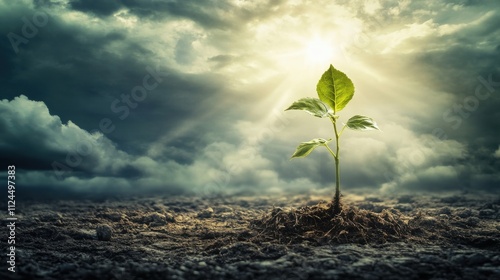 A solitary sapling stands resilient in barren earth, stretching towards the golden rays breaking through dark clouds, symbolizing hope and renewal on World Wildlife Day