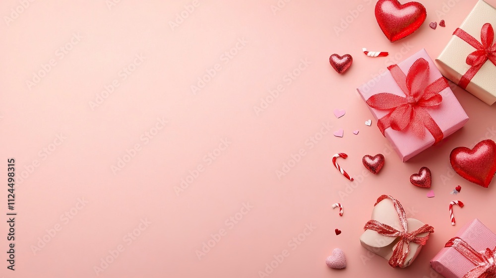Valentine's Day flat lay composition with gift boxes and hearts on pastel pink background. Flat lay, top view, copy space. Valentine's Day flat lay composition with gift boxes and hearts on pastel pink background. Flat lay, top view, copy space.