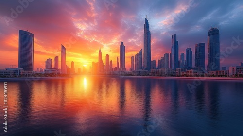 Wallpaper Mural Vibrant sunset over a modern city skyline reflecting in water. Torontodigital.ca