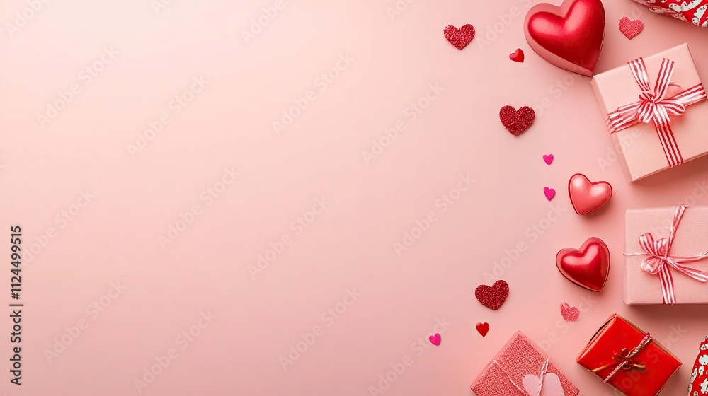 Valentine's Day flat lay composition with gift boxes and hearts on pastel pink background. Flat lay, top view, copy space. Valentine's Day flat lay composition with gift boxes and hearts on pastel pink background. Flat lay, top view, copy space.