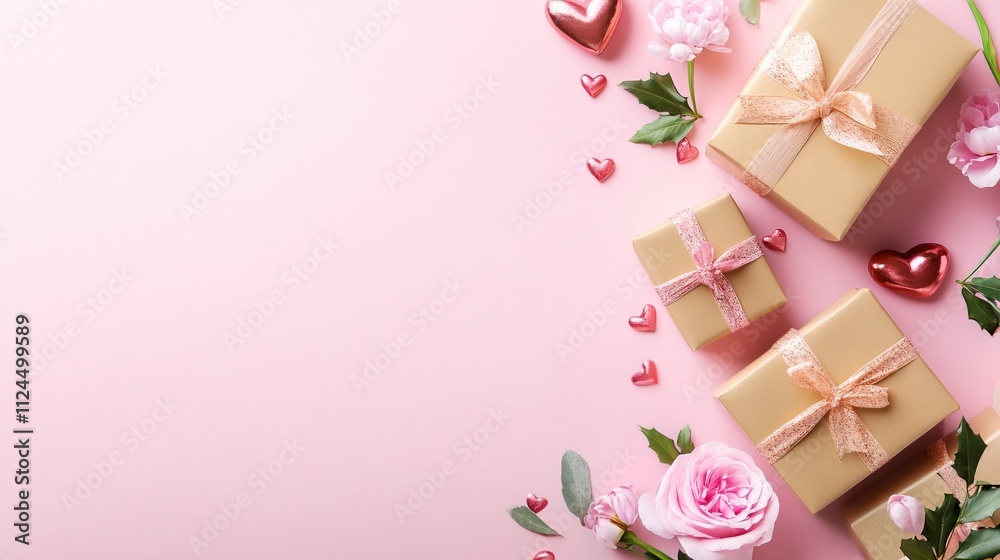 Valentine's Day flat lay composition with gift boxes and hearts on pastel pink background. Flat lay, top view, copy space. Valentine's Day flat lay composition with gift boxes and hearts on pastel pink background. Flat lay, top view, copy space.
