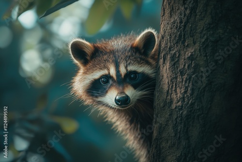 A curious raccoon gazes from behind a textured tree, its bright eyes and striped face captivating onlookers photo