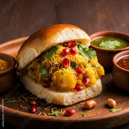 Authentic Dabeli Stuffed with Spicy Filling and Garnished with Roasted Peanuts and Fresh Herbs photo