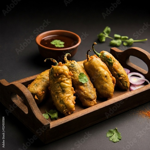 Golden Fried Mirchi Bajji Topped with Chaat Masala and Served with Tamarind Sauce on a Wooden Tray photo