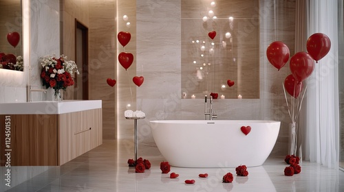 Romantic Valentine's Day setup in a modern bathroom featuring red roses, heart-shaped balloons, and a white bathtub for a special celebration photo