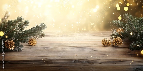 Festive Christmas Wooden Background with Pine Branches and Gold Pine Cones photo