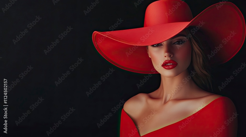 Valentine's Day. Loving woman. Beautiful female model in a red dress and red wide broad brim hat on black. Copy space. Valentine's Day. Loving woman. Beautiful female model in a red dress and red wide broad brim hat on black. Copy space.