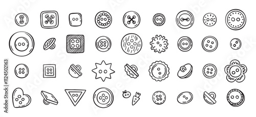 Sewing buttons line hand drawn doodle art icons set. Sewing accessories clothes various outline shapes. 