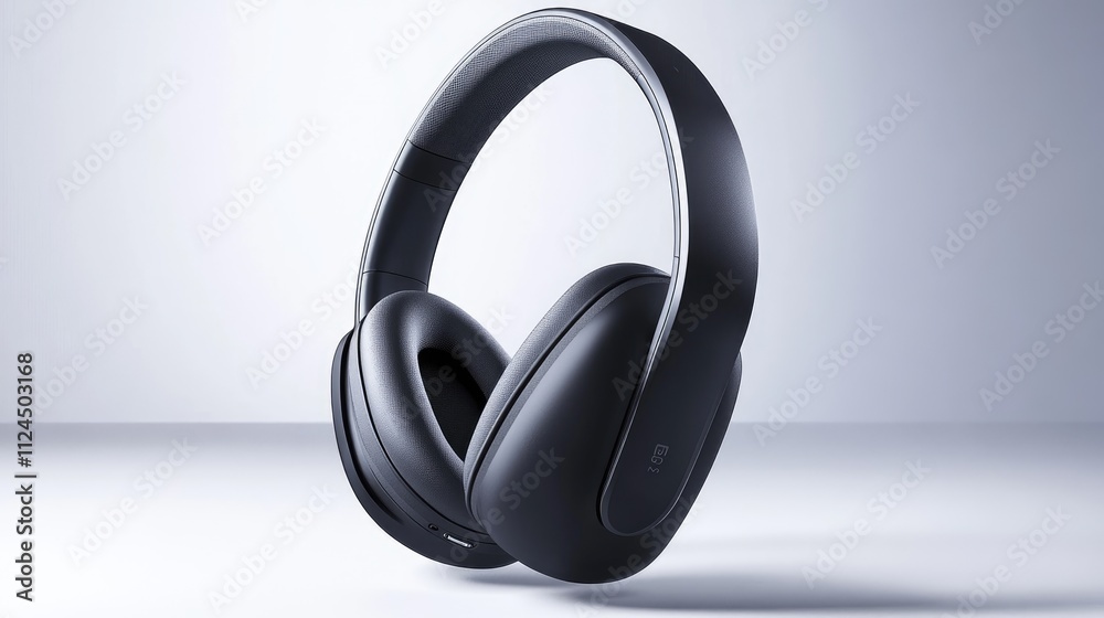Sleek Black Wireless Headphones on Minimalist Background Sleek Black Wireless Headphones on Minimalist Background