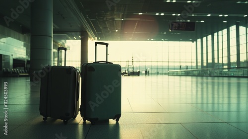 Two suitcases stand alone in an empty airport hall, their presence a stark reminder of the travelers who once carried them, now departed for distant shores. The suitcases, forlorn in their solitude photo