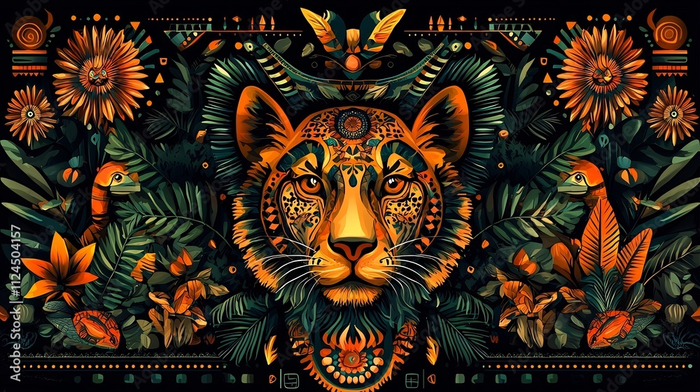 Fototapeta premium Intricate Tribal Wildlife Motif Pattern with Geometric Shapes and Animal Elements