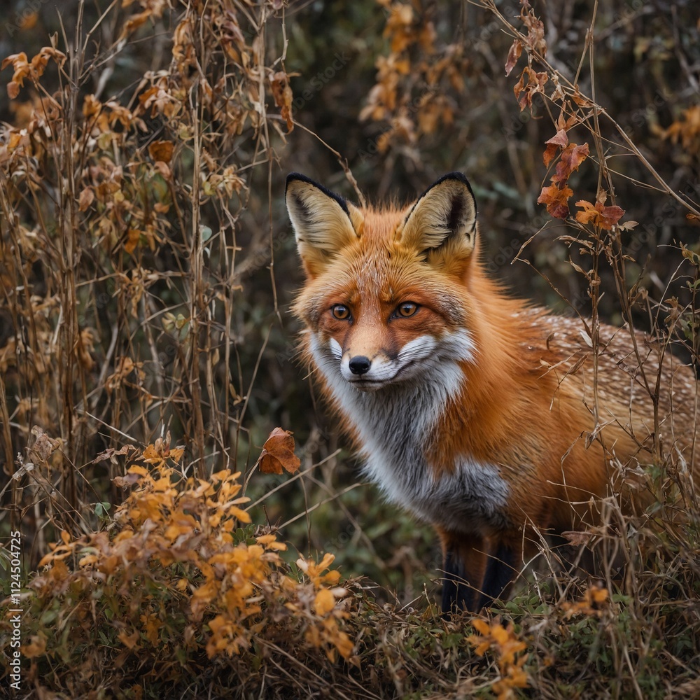 A stunning red fox with its bushy tail raised high, set against an autumn landscape. A stunning red fox with its bushy tail raised high, set against an autumn landscape.