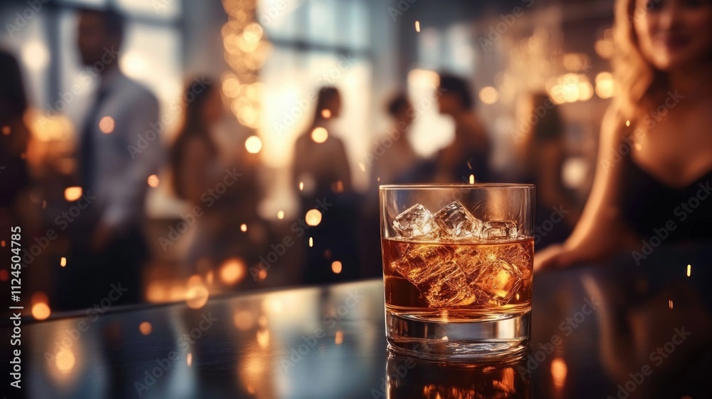 Cocktail Party Scene with Whiskey on Dark Table in Elegant Business Environment Cocktail Party Scene with Whiskey on Dark Table in Elegant Business Environment