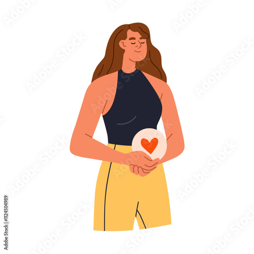 Woman holding heart symbol. Self love and care, affection, fondness and empathy, psychology concept. Happy calm female with valentine in hand. Flat vector illustration isolated on white background