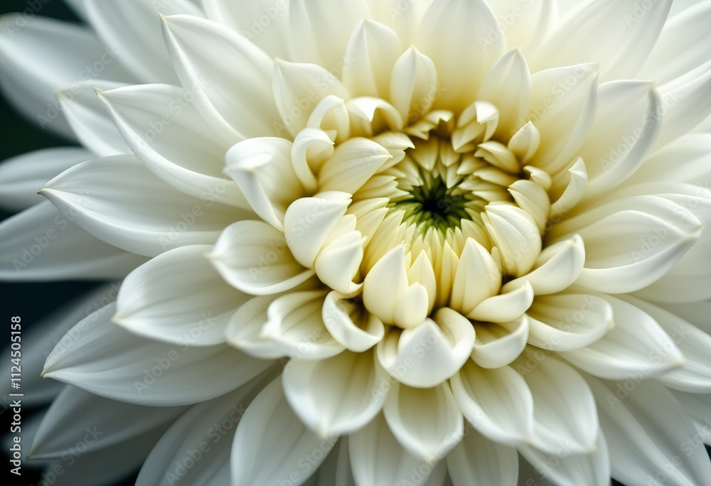 A close-up of a large, white chrysanthemum flower with delicate, layered petals and a green center A close-up of a large, white chrysanthemum flower with delicate, layered petals and a green center