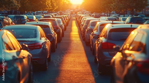 Parking Lot Sunset with Cars for Sale and Rental Service Displaying Automotive Industry