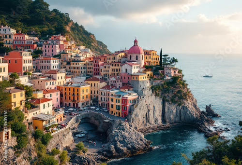 A coastal town with colorful buildings, a pink-domed church, and a rocky coastline overlooking the ocean