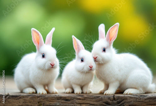 A group of three white rabbits sitting on a wooden surface, with a blurred green and yellow background