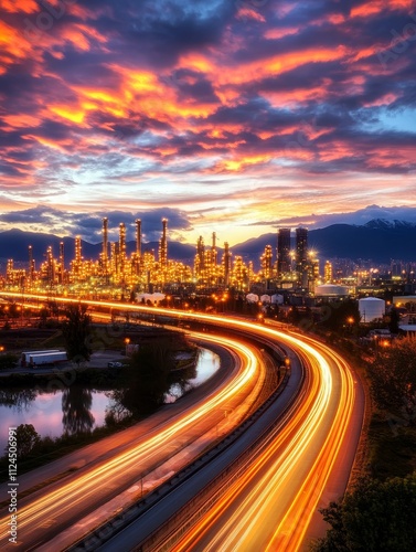 Sunrise Majesty Petrochemical Plant Highway - Majestic sunrise over a towering petrochemical plant, illuminated highway curves through the landscape, symbolizing industry, progress, energy, transporta