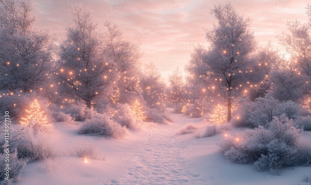 Winter Wonderland Scene with Snow-Covered Trees and Soft Warm Lights in a Frozen Landscape During Sunset, Creating a Magical Holiday Atmosphere Winter Wonderland Scene with Snow-Covered Trees and Soft Warm Lights in a Frozen Landscape During Sunset, Creating a Magical Holiday Atmosphere