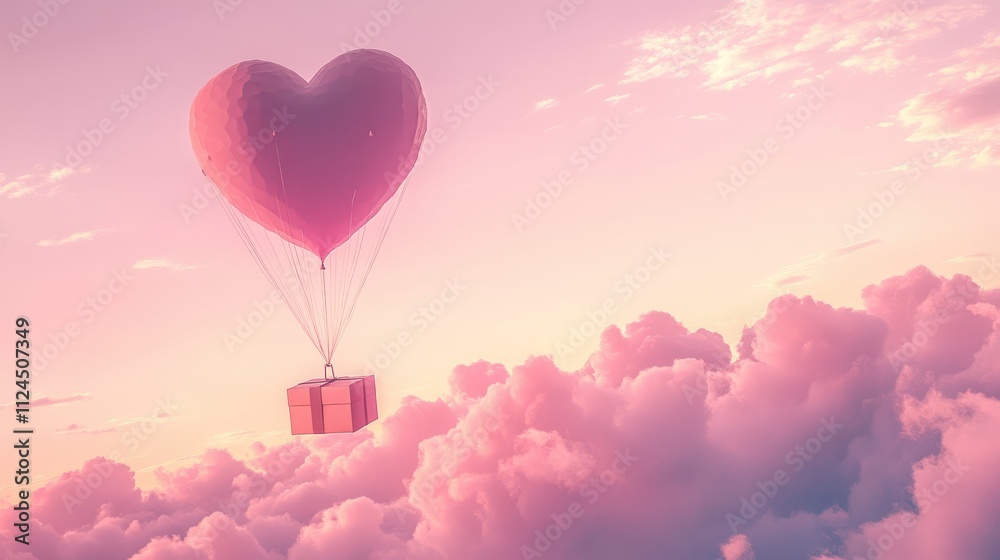 Fototapeta premium A Box flying on a parachute with pink cloud in valentine day,package flying down from sky and cloud with parachute, concept for delivery service,shopping online,air delivery service.