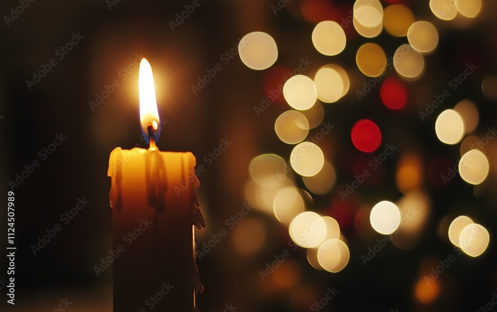 Candle flame glowing with blurred christmas lights in background Candle flame glowing with blurred christmas lights in background