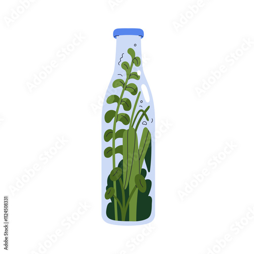 Glass bottle, green plants inside. Eco-friendly natural organic decor. Environment conservation, ecology and zero-waste concept. Botanical flat vector illustration isolated on white background